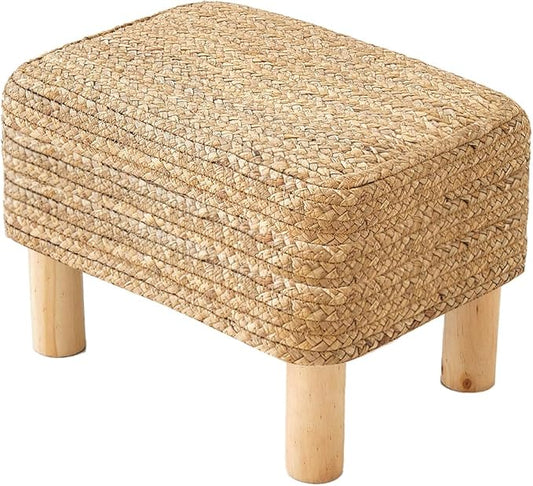 Ottoman Foot Stool Rectangular Footrest Natural Seagrass Footstool with Wooden Legs Hand Weave Multifunctional Modern Dressing Stool, Sofa Side Table for Bedroom for Living Room (Nature)