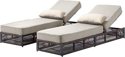 Luxury Outdoor Chaise Lounges with 5 Inch Thickened Cushions - Set of 2 High Back Brown Wicker Patio Recliners Rattan Reclining Chairs Porch Poolside Pool Sunbathing Lounger - Beige