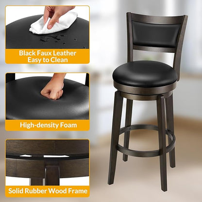 PrimeZone Swivel Bar Stools Set of 4, 26 Inch Counter Height Barstools, Black Faux Leather Bar Stool with High Backrest & Solid Wood Legs & Wrap-around Footrest, Counter Stools for Kitchen Island, Pub