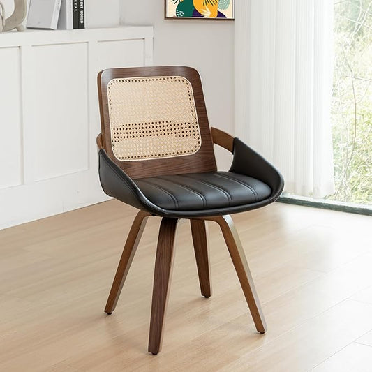 Set of 1 Swivel Rattan Dining Chair - Mid Century Modern Dining Chair with Bentwood Frame, Ergonomic Cane Back, Curved Arms, Faux Leather Swivel Chair for Kitchen/Restaurant (Walnut Black, Set of 1)