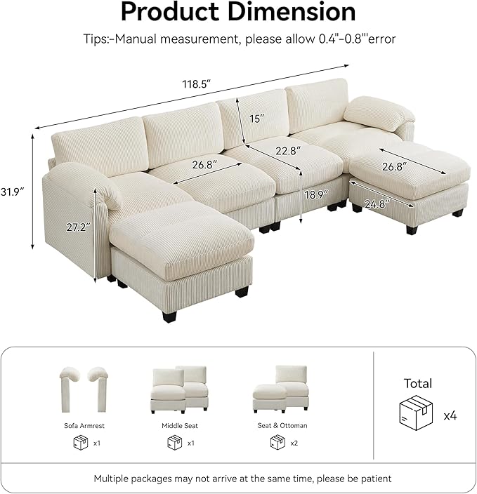118'' U-Shaped Sectional Couch with 2 Ottoman, Oversized Modular Couches for Living Room, Corduroy Deep Seat Cloud Sofa with Center Stitched, Beige