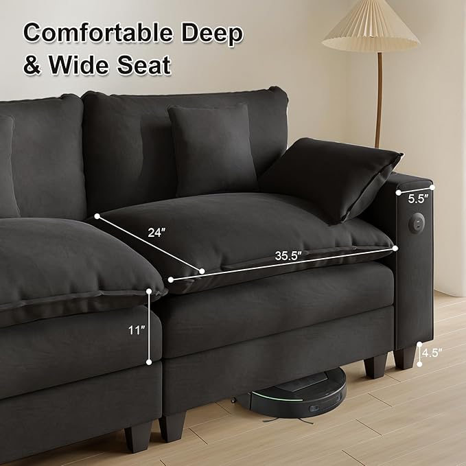 Cloud Couch, Modular Sectional Sofa with Ottoman, Charging Station, Throw Pillows, Cup Holders, Modern Convertible L Shaped Couches for Living Room, Bedroom (Classic Black, 152"- L Shape)
