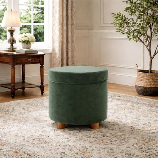 HomePop Home Decor | Upholstered Round Storage Ottoman | Ottoman with Storage for Living Room & Bedroom, Loden Green Velvet Large