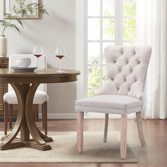 Velvet Upholstered Dining Chairs Set of 4, Modern Style Kitchen Side Chairs with Nailhead Trim and Wood Legs,Metal Pulling Ring for Dining Room Living Room(Beige,Set of 4)