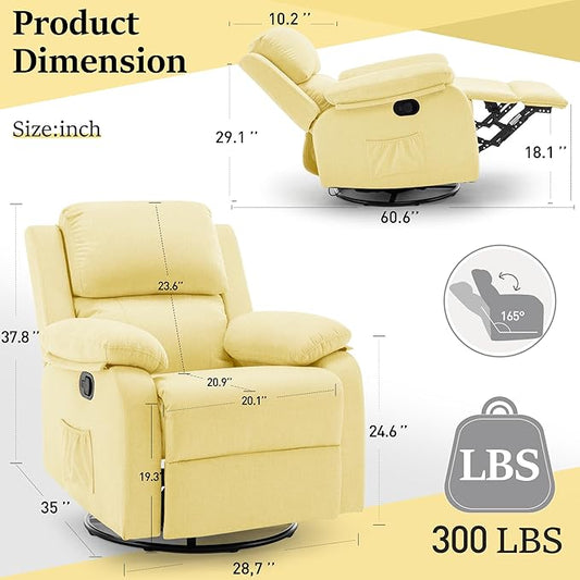 Recliner Chair, 360 Swivel Rocker Chair for Adults, Small Rocking Recliner for Small Spaces, Upholstered Fabric Glider Recliner Nursery Chair with Side Pockets for Living Room, Nursery