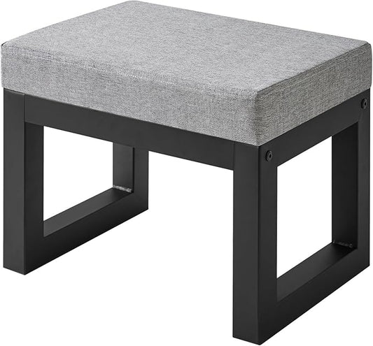 IBUYKE 16 Inch Small Foot Stool Ottoman, Rectangle Linen Foot Rest with Padded Seat and Metal Legs, Modern Ottoman Foot Rest for Living Room Bedroom Entryway Couch, Grey-Blue WBD001L