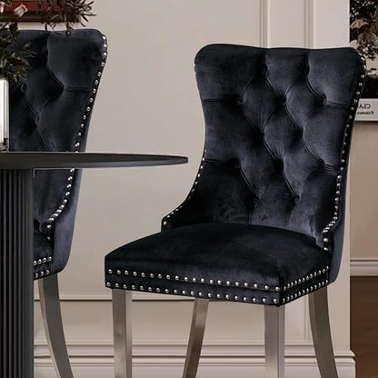 Velvet Upholstered Dining Chairs Set of 2, Modern Style Kitchen Side Chairs with Nailhead Trim and Silver Plated Leg, Metal Pulling Ring for Dining Room Living Room(Black,Set of 2)