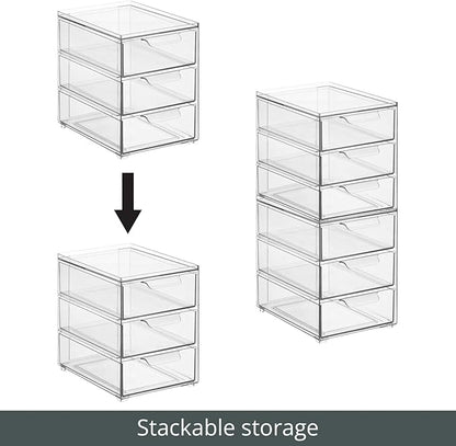 mDesign Plastic Stackable Organizer with 3 Drawers - Pull-Out Drawer Storage Bin for Bathroom Sink/Cabinet Organization - Perfect for Makeup, Small Towels, and More - Lumiere Collection, 2 Pack, Clear