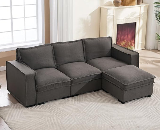 EALSON 93" Modular Sectional Sofa Comfy Cloud Couch with Ottoman Modern Convertible L Shape Couches with Wooden Legs Linen Deep Seat Couch 4-Seater Sofa for Living Room/Apartment, Grey