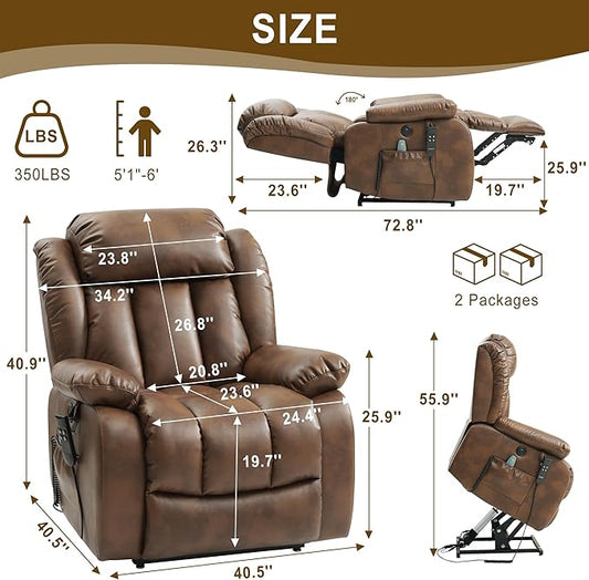 Dual Motor Large Power Lift Recliner Chair for Elderly with Heat and Massage,Lay Flat Lift Chairs Recliners for Seniors Infinite Position,USB Ports&Remote, Leather(Ochre, Medium)