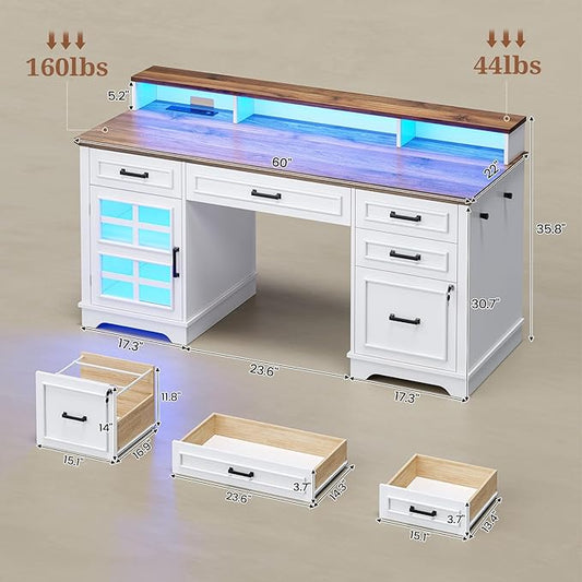 60'' Farmhouse Executive Desk with Drawers, Home Office Desk with Power Outlet & LED Light, Wood Computer Desk with Monitor Stand, Locking File Drawer, Glass Storage Cabinet, Hooks, White