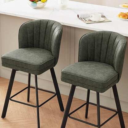 Swivel Counter Height Bar Stools Set of 2, 30'' Modern Barstools with Backs and Metal Legs, Upholstered Bar Chairs, Faux Leather Green Stools for Kitchen Island Chairs