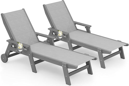 SERWALL Textilene Patio Chaise Lounge Chair Set of 2, 5 Positions Outdoor Lounger with Rolling Wheels for Pool, Deck, Grey