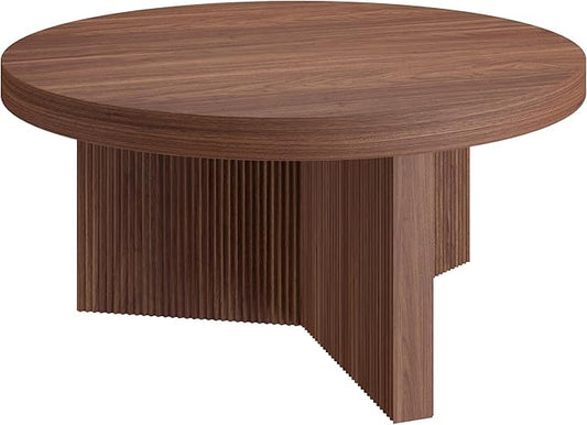 Henn&Hart 32" Fluted Round Low-Profile Coffee Table with Ribbed Pedestal Base Living Room, Family Room, Office, or Apartment, Satin Walnut