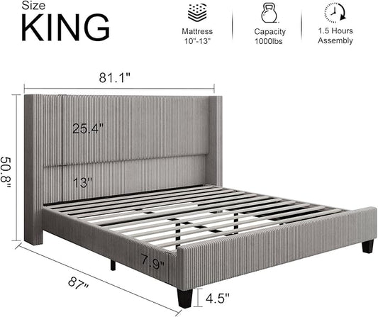 HOWE King Size Upholstered Platform Bed Frame, Wingback Bed with 50.8" Headboard, Corduroy/Solid Wood Leg/No Box Spring Needed/Noise Free/Taupe