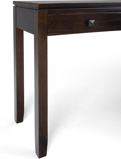 SIMPLIHOME Cosmopolitan Console Table - 60 Inch Wide Solid Wood Sofa Table in Mahogany Brown, Contemporary Storage Table for Entryway or Living Room with 3 Drawers, Square-Edged Top, and Tapered Legs