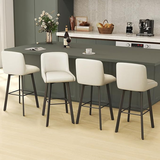 Swivel Bar Stools, 30''H Upholstered Barstools with Backs, Modern Counter Height Bar Stool Chairs for Kitchen Island, Metal Legs (Beige- Faux Leather, Set of 4-30" H)