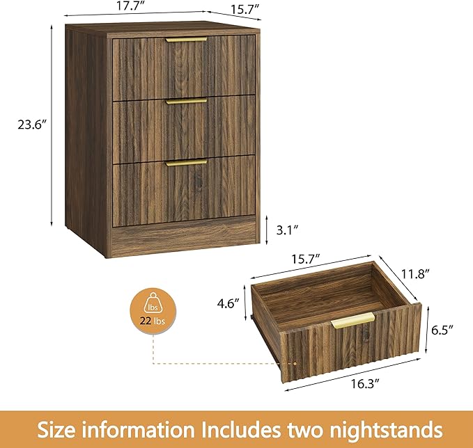 3-Piece Modern Bedroom Furniture Set, Wide 7-Drawer Dresser & 3-Drawer Nightstands Set of 2, Natural Wood Dresser and Nightstand Sets for Bedroom,Hallway, Walnut