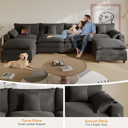Cloud Couch, Modular Sectional Sofa with Ottoman, Charging Station, Throw Pillows, Cup Holders, Modern Convertible L Shaped Couches for Living Room, Bedroom (Classic Black, 152"- U Shape)