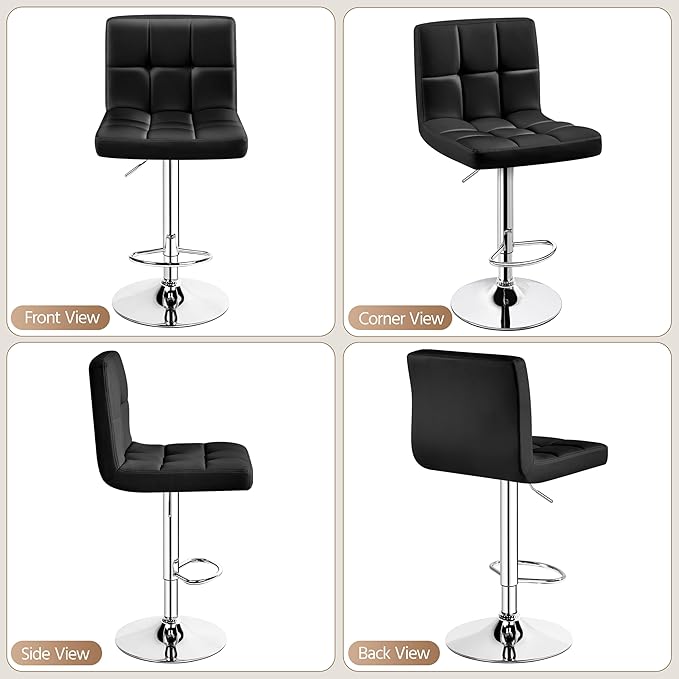 Yaheetech Bar Stools Set of 2, Adjustable PU Leather Swivel Barstools, Modern Counter Stools with Back and Footrest, Counter Height Barstools for Bar, Kitchen, Dining Room, Black