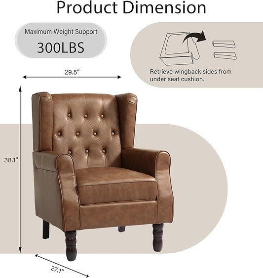 Lumibee High Back Accent Chair,Upholstered Faux Leather Wingback Armchair with Solid Wood Legs for Small Spaces,Comfy Single Sofa Chair for Living Room,Bedroom,Office-Brown