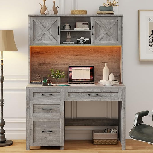 Farmhouse 67" H Executive Desk with Hutch,Computer Desk with 4 Drawers and LED light, Office table with Storage Cabinet & File Drawers and Charging Station,Workstation for Home Office and Study(Grey)