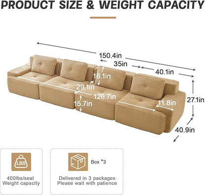 150.4” Camel Boneless Couches for Living Room, Modular Sectional Sofa, 4 Seater Comfy Upholstered Deep Seat Corduroy Fabric Cloud Couch No Assembly, Anti-Slip Design