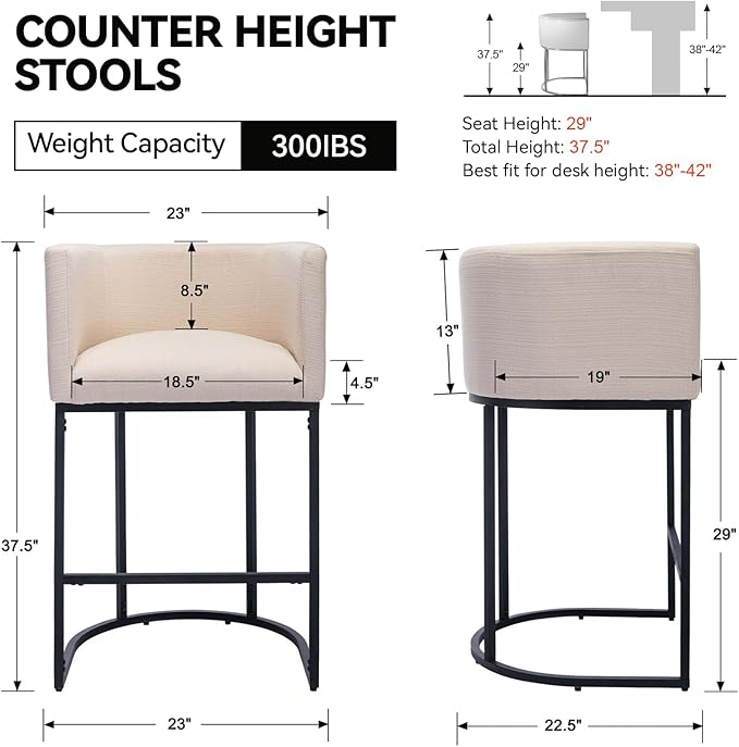 Contemporary Cream Linen Bar Stools Set of 4, 29" Upholstered Fabric Counter Height Barstools Kitchen Counter Island Stools with Screwed Together Black Metal Base