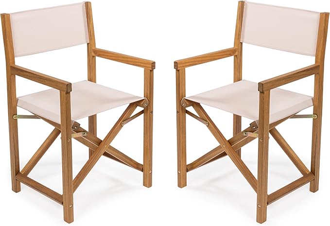 JONATHAN Y DRC1000B-SET2 Cukor Classic Vintage Outdoor Acacia Wood Folding Director Chair with Canvas Seat Classic, Vintage, Mid-Century, Modern, Traditional, Coastal, Beige/Teak Brown (Set of 2)