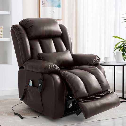 EDILLY Extra Large Power Lift Recliner Chairs for Elderly,Infinite Position Dual Motor Recliners Chair,with Heating and Massage, Breathable Leather,USB Ports Control(Brown)
