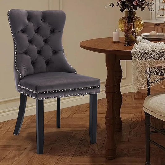 Velvet Upholstered Dining Chairs Set of 4, Modern Style Kitchen Side Chairs with Nailhead Trim and Wood Legs,Metal Pulling Ring for Dining Room Living Room(Grey,Set of 4)