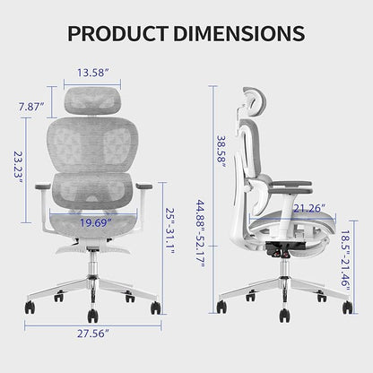 PatioMage Ergonomic Office Chair, Big and Tall Desk Chair with Adjustable Lumbar Support & Seat Depth, High Back Computer Chair, Swivel Mesh Chairs with Wheels for Home Office, White