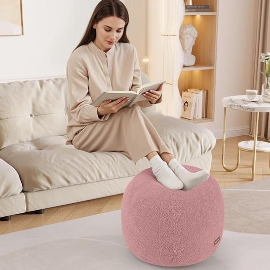 MeMoreCool Stuffed Round Pouf Ottoman Foot Rest, Floor Pouf Foot Stool with Soft Foam Chunk Filling, Small Round Ottoman Footstool Circle Footrest for Living Room, Pink