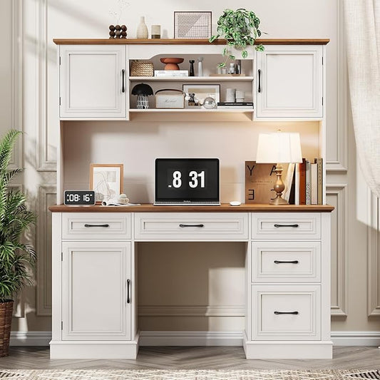 Vabches 67" H Farmhouse Executive Desk with Hutch. Wood Workstation with 5 Drawers, Storage Cabinet, File Drawers and Charging Station, Ideal as Office Desk, Computer Desk for Home Office and Study