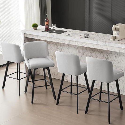 Swivel Bar Stools Set of 4, 30''H Upholstered Barstools with Backs, Modern Counter Height Bar Stool Chairs for Kitchen Island, Metal Legs, Fabric, Light Gray Counter Stools