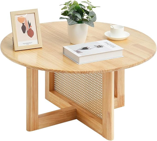VEVOR Rattan Coffee Table, Round Woven With Rubber Wood Top, 33 in Modern Boho Circular Storage Table With Natural Legs, for Living Room, Bedroom & Small Spaces