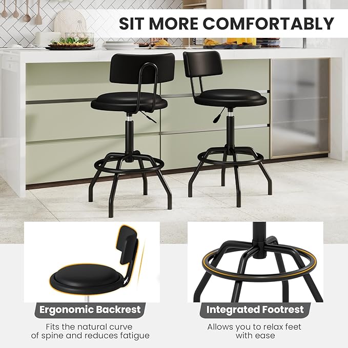 COSTWAY Adjustable Height Bar Stool, 360 Degree Swivel, Modern Guitar Stool for High Ergonomic Seating, with PU Leather Cushion, Heavy Duty Steel Frame for Bar, Shop and Music, Garage, Black