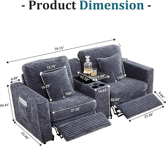 Power Reclining Sectional Sofa, Electric Loveseat Recliner with Storage Console and USB Ports, Plush Corduroy Fluffy Reclining Loveseat Couch Adjustable Headrest, 2 Seat Sofa for Living Room-Blue Grey