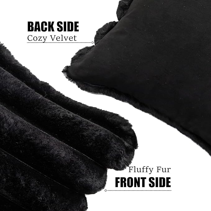 Neelvin Black Faux Fur Cozy Soft Striped Decorative Throw Pillow Covers 22x22 inch Set of 2,Velvet Pillowcase Cushion Case for Sofa Couch