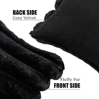 Neelvin Black Faux Fur Cozy Soft Striped Decorative Throw Pillow Covers 22x22 inch Set of 2,Velvet Pillowcase Cushion Case for Sofa Couch