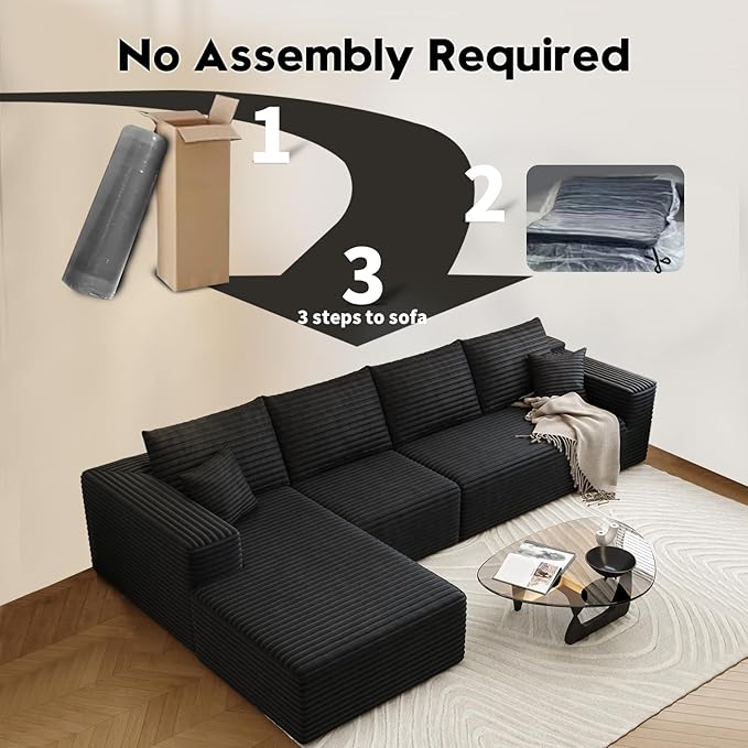 135.4" Cloud Sectional Couch with L-Shape Chaise,Modern Modular Sofa with Deep Seat, Upholstered Couches for Living Room Bedroom Apartments,No Assembly Required, (Black,Left Facing Chaise)