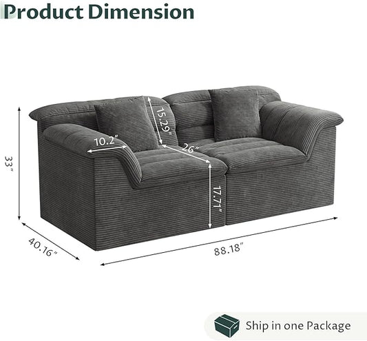 88" Sofa with Deep Seats Oversize, 3 Seater Cloud Couches, Upholstered Corduroy Couch for Living Room Bedroom, No Assembly Required, Dark Gray