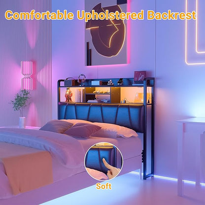 Unikito Headboard for Full Size Bed Frame, Upholstered Head Board with Outlets, USB Ports and LED Light, Comfortable Leather Headboards with Storage Shelf, Sturdy Full Bed Headboard Only, Black