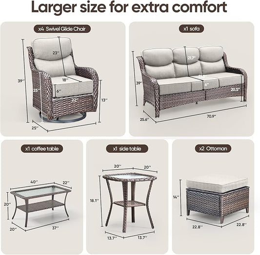 Swivel Patio Chairs sofa Set of 9 with 6" Thick Cushion - Wicker Outdoor Swivel Rocker Patio Chair ,Sofa/Glass coffee table, High Back Comfortable Outdoor Glider Chairs -Brown Wicker | Beige Cushions