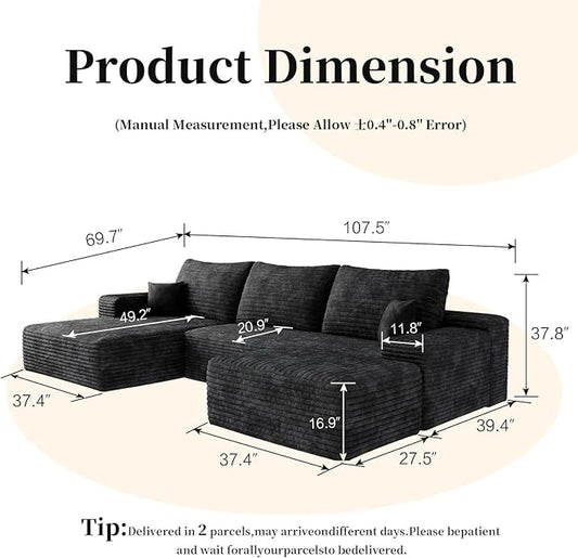 107.5" Compressed Boneless Couch with Ottoman, 2 Seater Large U Shaped Sectional Couches for Living Room, Black Corduroy Cloud Modular Sectional Sofa, Memory Foam, No Assembly，Light Facing Chaise