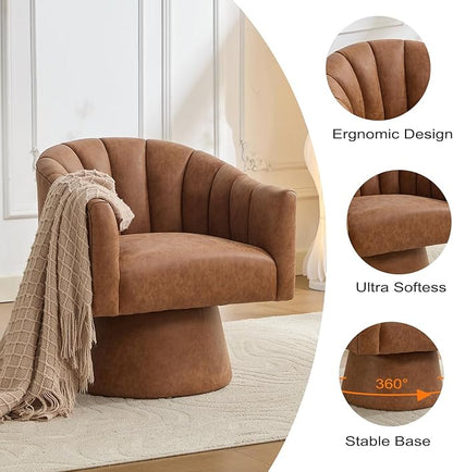Swivel Accent Chair Set of 2,Faux Leather 360°Swivel Barrel Chair Upholstered Modern Living Room Chair, Overstuffed Reading Armchair for Bedroom,Vanity,Office-Brown