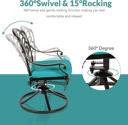 MEETWARM 9-Piece Outdoor Patio Dining Set, All-Weather Cast Aluminum Patio Conversation Set with 2 Swivel Rocker Chairs, 6 Stationary, 1 Oval Table, 8 Cushions, 2" Umbrella Hole, Ocean Blue
