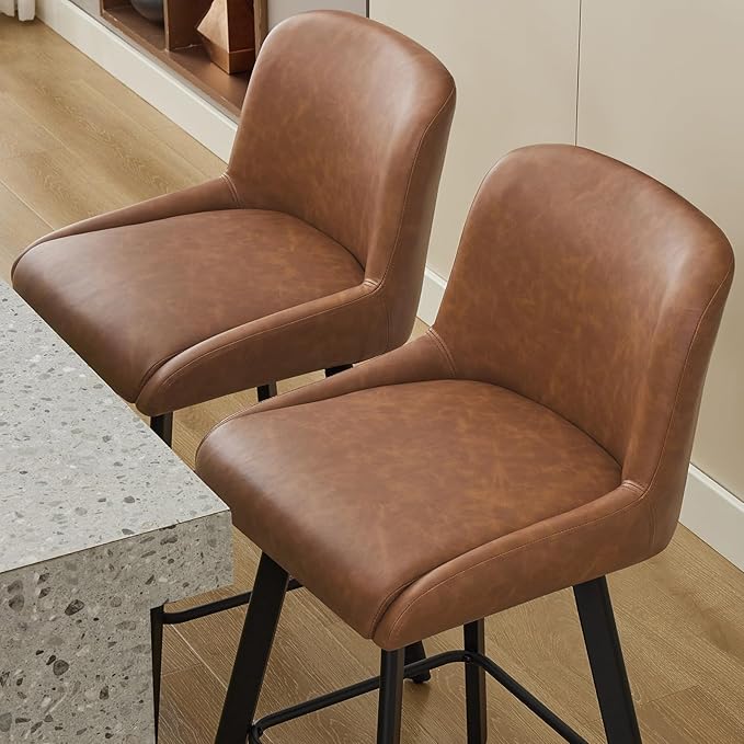 Swivel Bar Stools Set of 2, 30''H Upholstered Barstools with Backs, Modern Counter Height Bar Stool Chairs for Kitchen Island, Metal Legs, Faux Leather, Brown Counter Stools