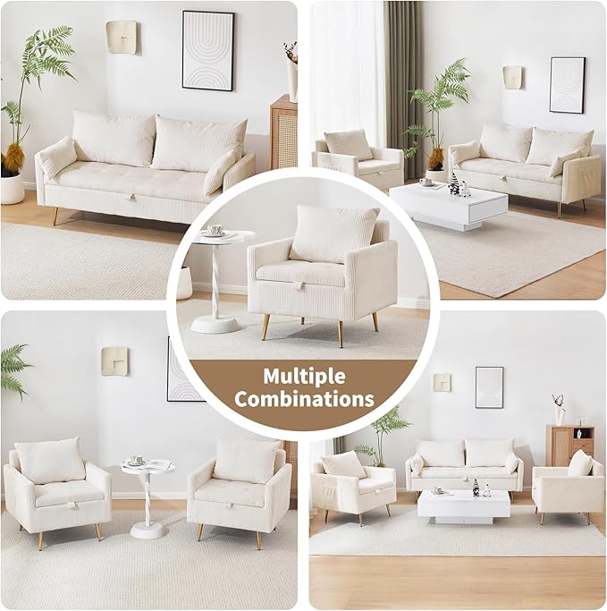 Furnimart Beige Mid-Century Modern Corduroy Storage Accent Chair with Arm, 1-Seater, Built-in Storage, Reading Chair for Bedroom, Living Room, Apartment