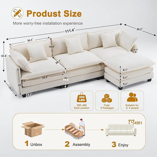 Expandable Modular Sectional Sofa with Ottoman, 111.4" Cloud Chenille U-Shape Couch, Reversible Chaise & 2nd Ottoman for Large Spaces, Deep Seat, Solid Wood Frame